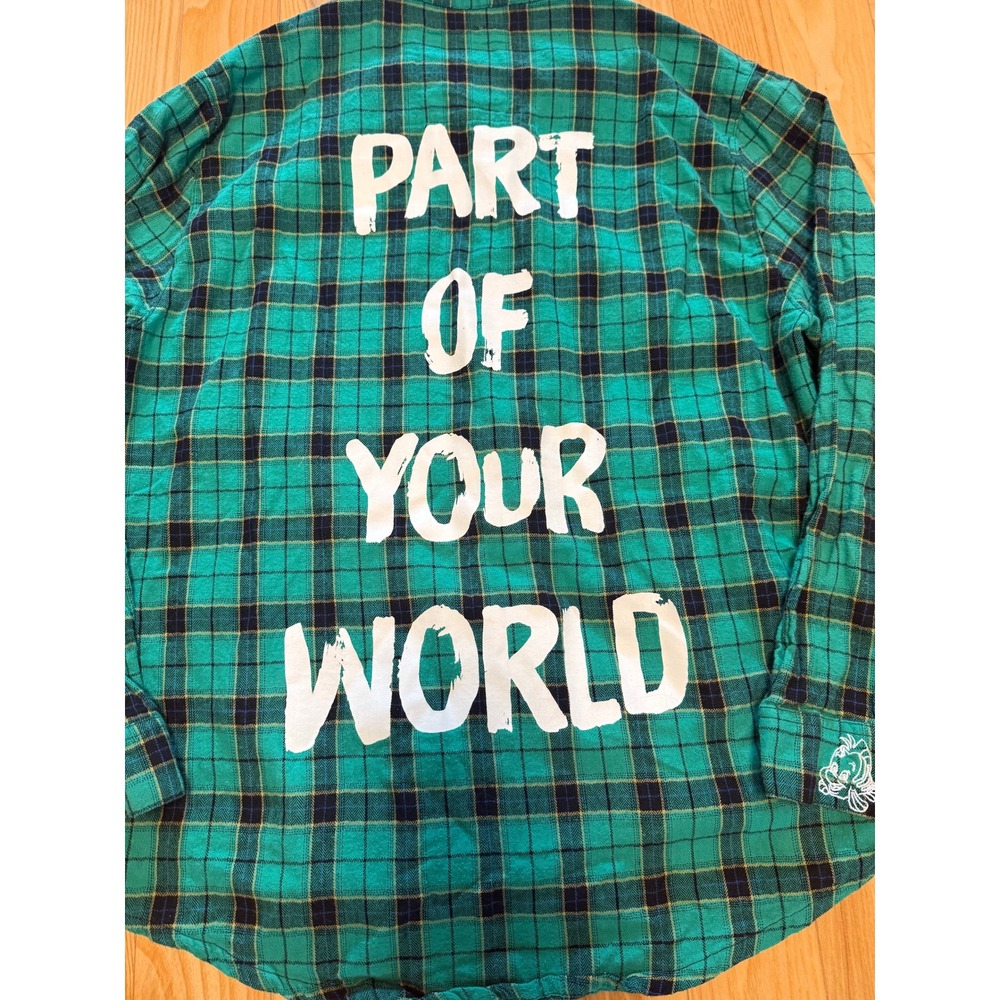 Disney Cakeworthy Flannel Shirt Women Large Green Ariel Little Mermaid Plaid
